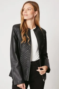 Black Faux Leather Pleat Detail Jacket