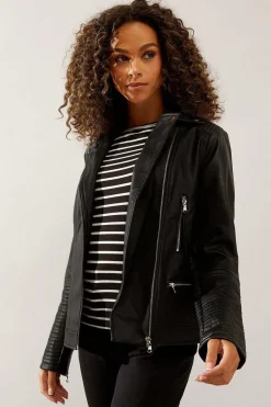 Black Faux Leather Tab Detail Biker Jacket