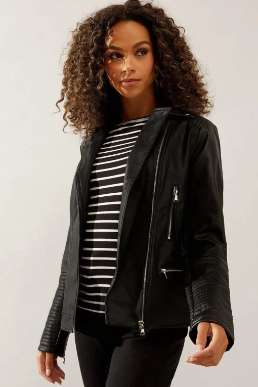 Black Faux Leather Tab Detail Biker Jacket