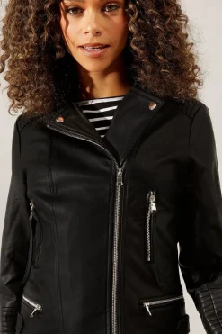 Black Faux Leather Tab Detail Biker Jacket