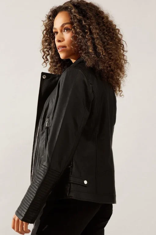 Black Faux Leather Tab Detail Biker Jacket