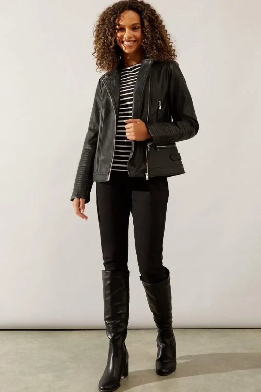 Black Faux Leather Tab Detail Biker Jacket