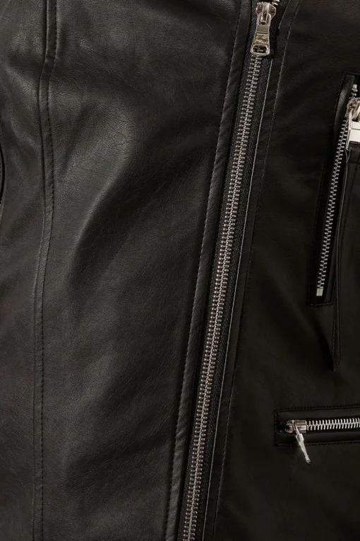 Black Faux Leather Tab Detail Biker Jacket