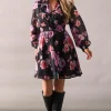 Black Floral Frill Detail Shirred Waist Midi Dress