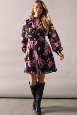 Black Floral Frill Detail Shirred Waist Midi Dress