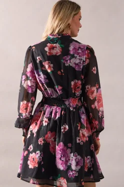 Black Floral Frill Detail Shirred Waist Midi Dress