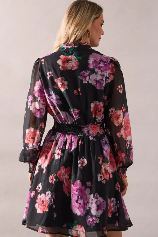 Black Floral Frill Detail Shirred Waist Midi Dress