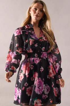 Black Floral Frill Detail Shirred Waist Midi Dress