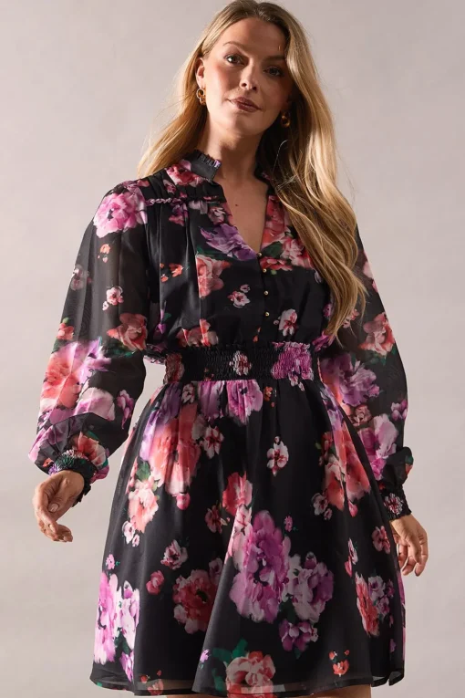 Black Floral Frill Detail Shirred Waist Midi Dress