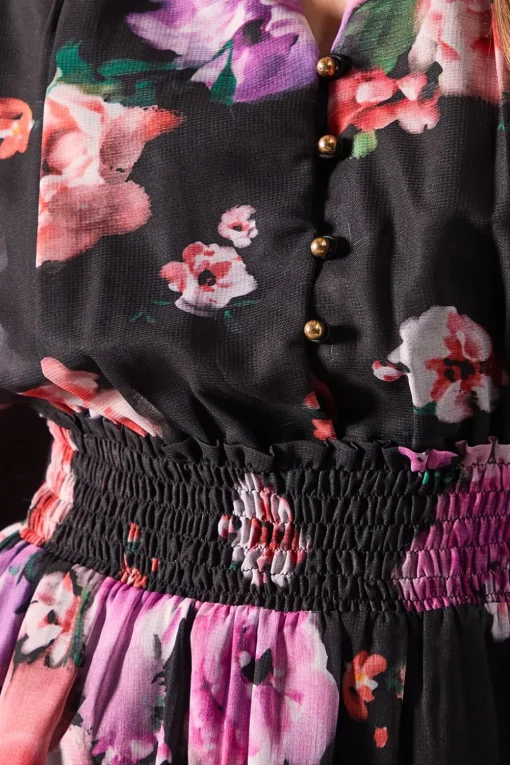Black Floral Frill Detail Shirred Waist Midi Dress