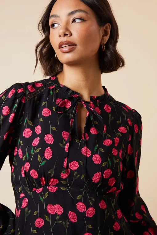Black Floral Lace Trim Overhead Blouse