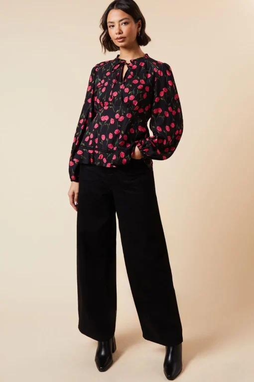 Black Floral Lace Trim Overhead Blouse