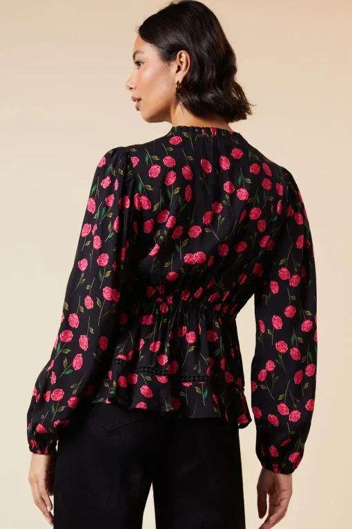 Black Floral Lace Trim Overhead Blouse