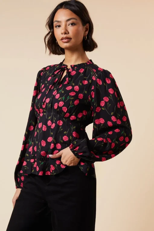 Black Floral Lace Trim Overhead Blouse
