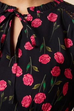 Black Floral Lace Trim Overhead Blouse