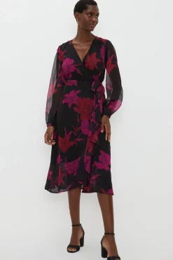 Black Floral Long Sleeved Tier Hem Wrap Dress