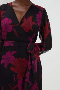 Black Floral Long Sleeved Tier Hem Wrap Dress