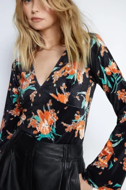 Black Floral Print Velvet Cut Out Corset Style Top