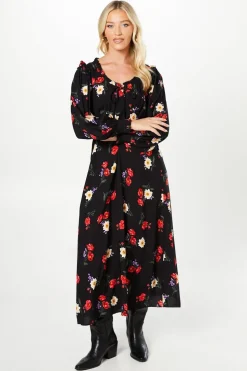Black Floral Tie Front Shirred Cuff Midi Dress
