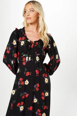 Black Floral Tie Front Shirred Cuff Midi Dress