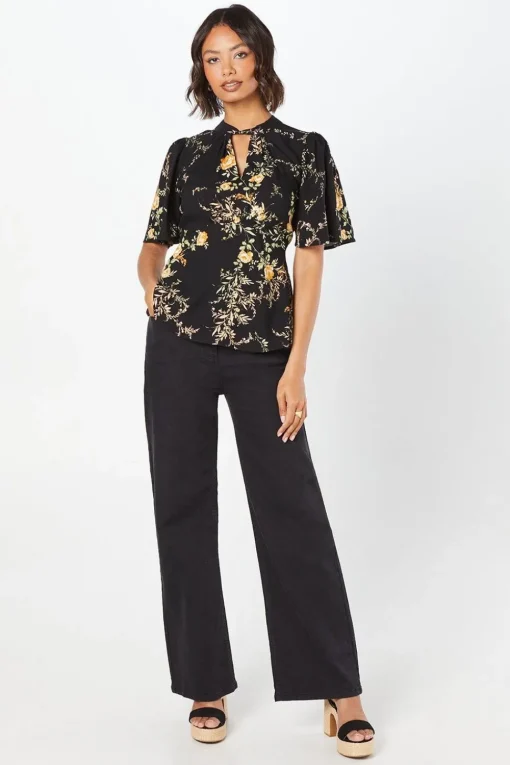 Black Floral Twist Neck Keyhole Blouse