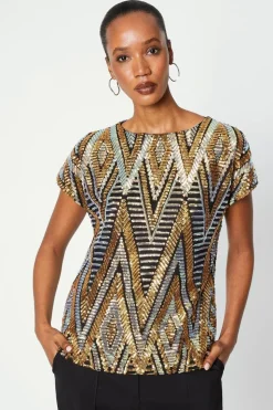 Black Multi Sequin Cold Shoulder Top