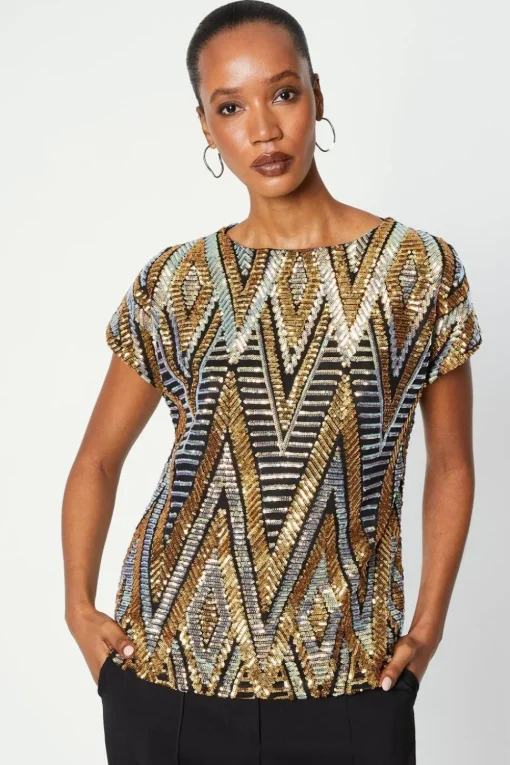 Black Multi Sequin Cold Shoulder Top