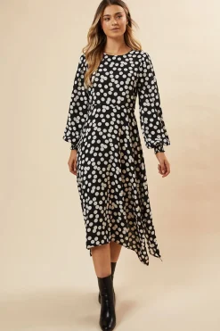 Black Spot Hanky Hem Shirred Cuff Midi Dress