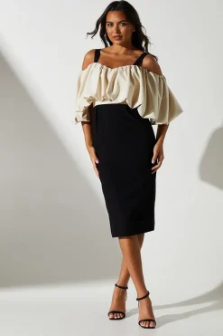 Blouson Bardot Detail Pencil Midi Dress