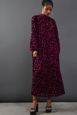 Blouson Sleeve Velvet Floral Devore High Low Midi Dress