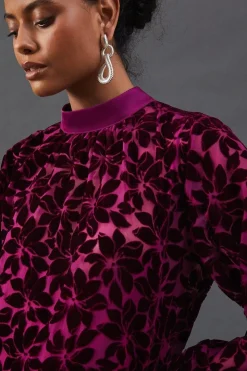 Blouson Sleeve Velvet Floral Devore High Low Midi Dress