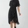 Blouson Wrap Skirt Ruffle Midi Dress