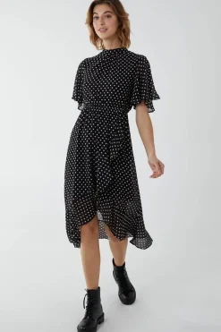 Blouson Wrap Skirt Ruffle Midi Dress