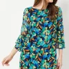 Blue Floral Fluted Sleeve Shift Dress