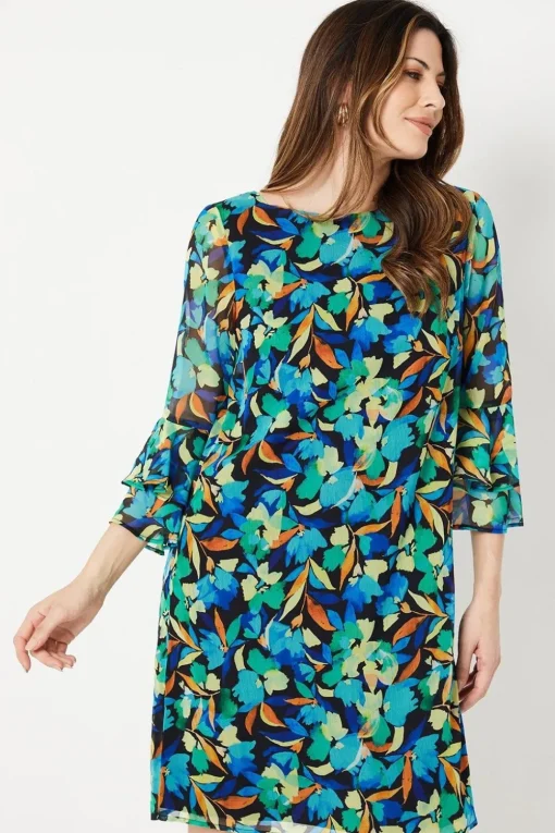 Blue Floral Fluted Sleeve Shift Dress