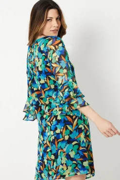 Blue Floral Fluted Sleeve Shift Dress