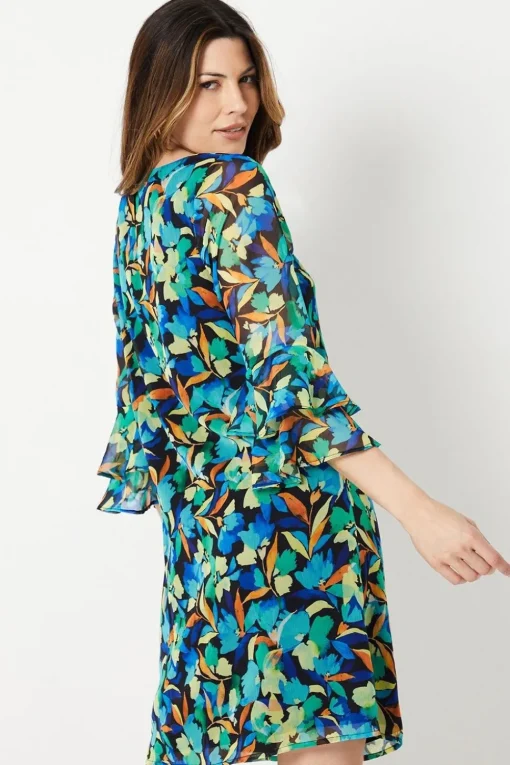 Blue Floral Fluted Sleeve Shift Dress