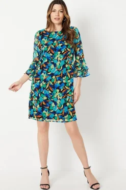 Blue Floral Fluted Sleeve Shift Dress