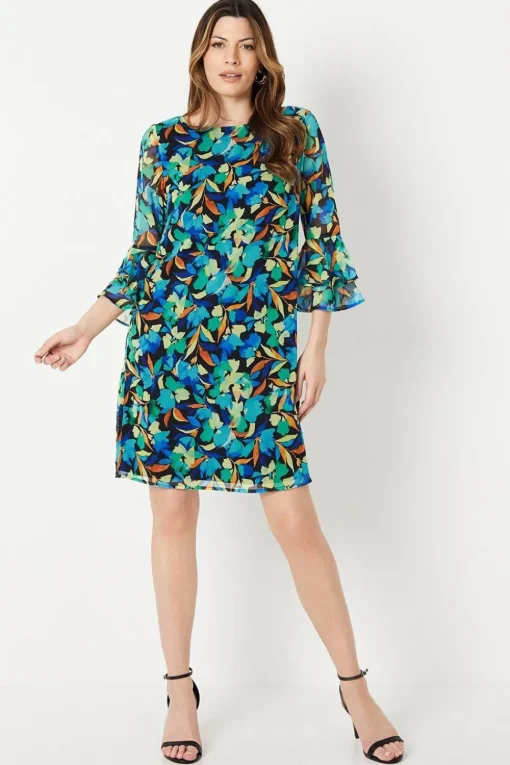 Blue Floral Fluted Sleeve Shift Dress