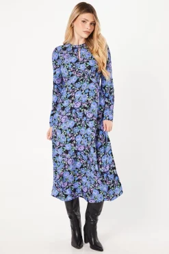 Blue Floral Long Sleeve Keyhole Midi Dress