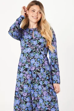 Blue Floral Long Sleeve Keyhole Midi Dress