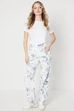 Blue Floral Printed Denim Straight Leg Jean