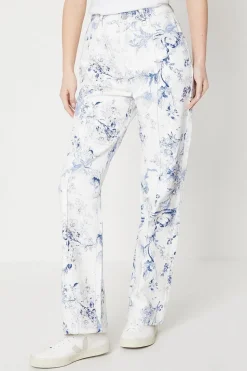 Blue Floral Printed Denim Straight Leg Jean