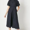 Blue Jacquard Puff Sleeve Midi Dress