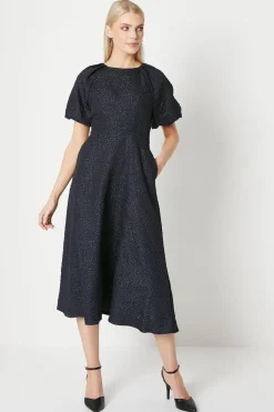 Blue Jacquard Puff Sleeve Midi Dress
