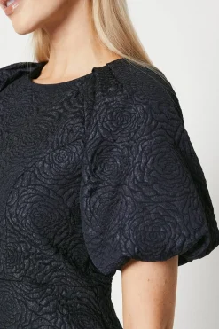 Blue Jacquard Puff Sleeve Midi Dress