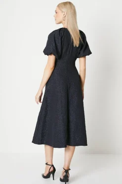 Blue Jacquard Puff Sleeve Midi Dress