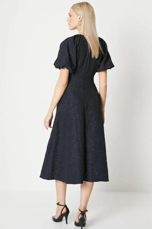 Blue Jacquard Puff Sleeve Midi Dress