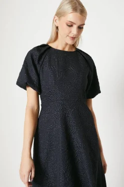 Blue Jacquard Puff Sleeve Midi Dress