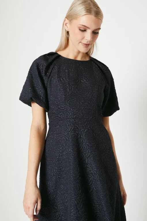 Blue Jacquard Puff Sleeve Midi Dress
